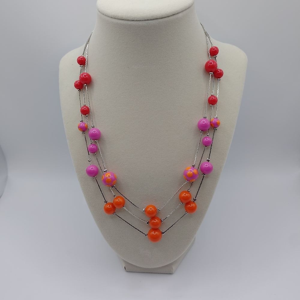 Red, Pink and Orange Three Strand Beaded Necklace Silver Tone Chain